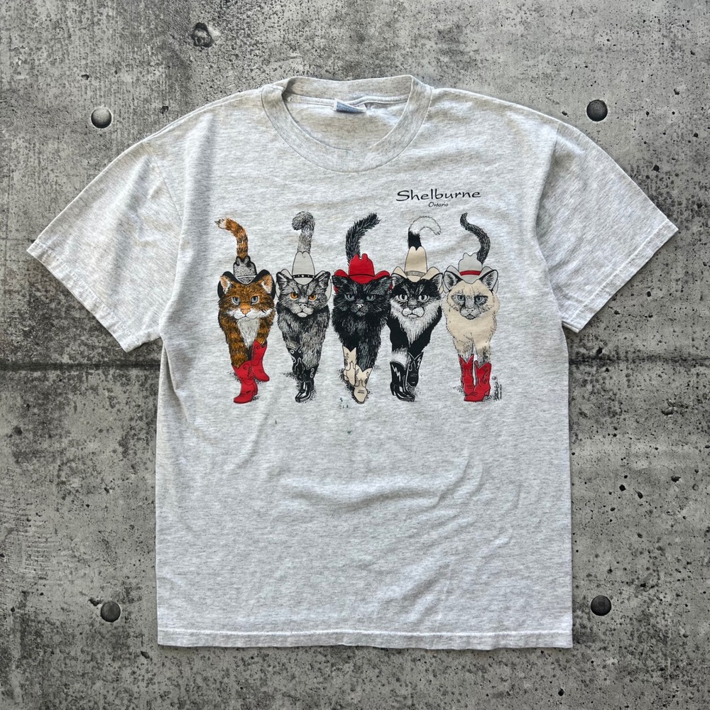 Vintage Cat T-Shirt Mens Medium Gray Cowboys Shelburne Ontario Animal Humour